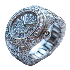 Luxurious Diamond Studded Platinum Ring Watch Isolated on Transparent Background