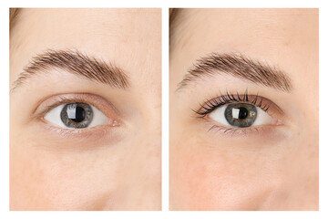 Woman showing her eyelashes before and after lamination procedure, closeup. Collage of photos
