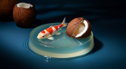 Artistic koi fish in water with coconut halves on dark surface