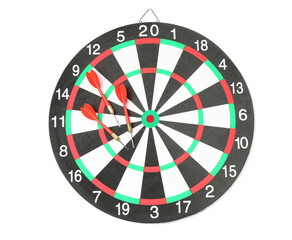 Dartboard and arrows isolated on white, top view. Sports equipment