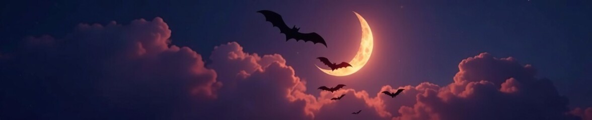 Silhouette of a crescent moon with several bats in flight , eclipse, gothic