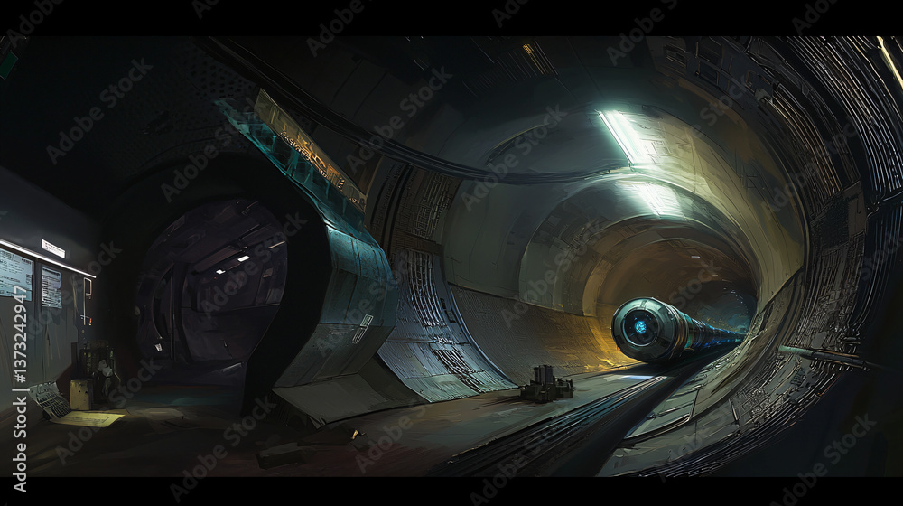 Poster vast sci-fi tunnel with hyperloop transit system illuminated by volumetric light creating an otherwo