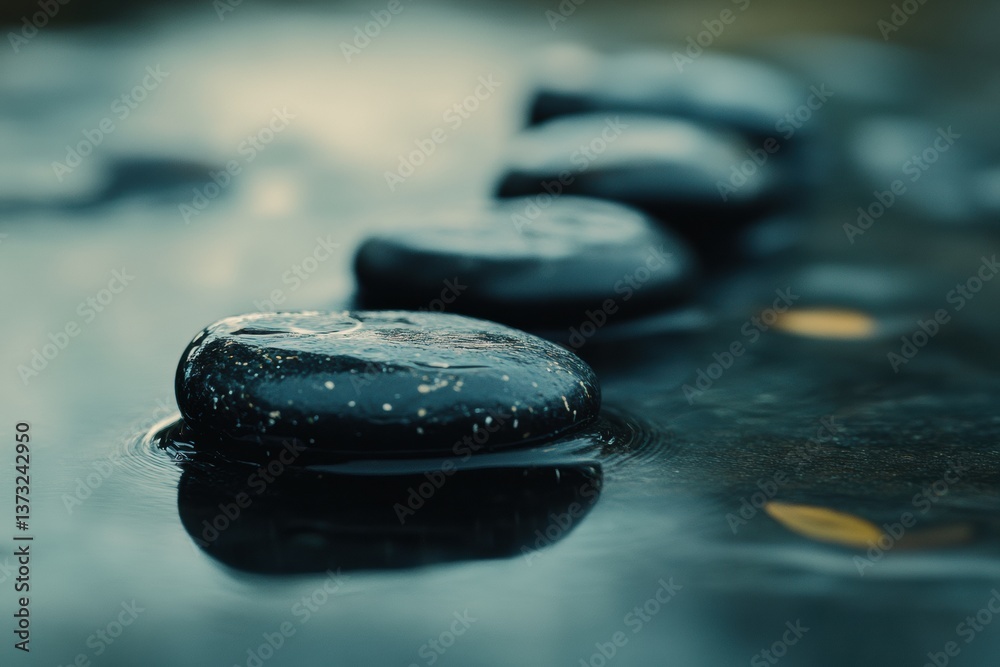 Fototapete close-up of smooth black river stones on a wet reflective surface with soft lighting and deep contra