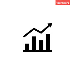Black single growing pointing up arrow on chart graph icon, success graph trending upwards flat design interface infographic element for app ui ux web button, vector isolated on white background