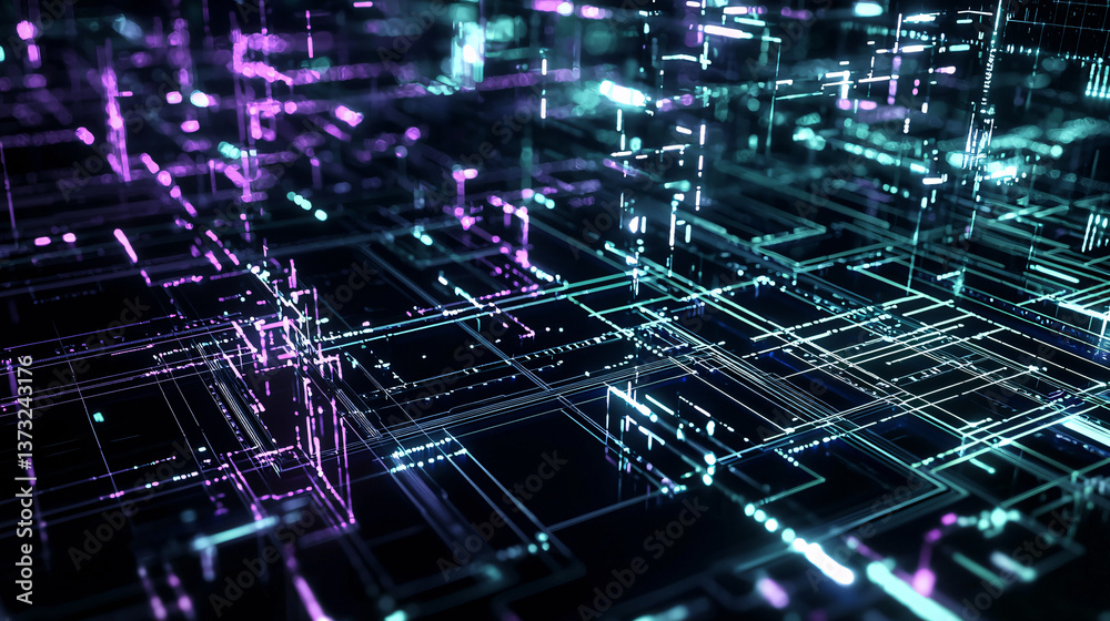 Poster intricate computer circuit design with numerous lines representing light-based transportation grids 