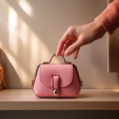 Woman’s hand reaching for a dainty pink handbag on a tidy shelf