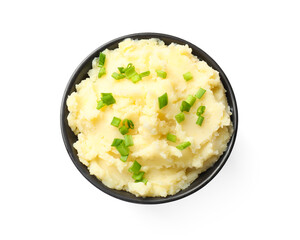 Delicious mashed potato with green onions in bowl isolated on white, top view