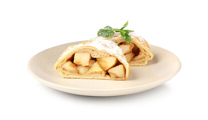 Pieces of tasty apple strudel with powdered sugar and mint isolated on white