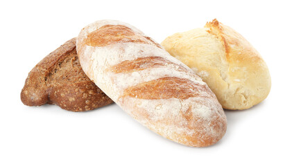 Different loaves of freshly baked bread isolated on white