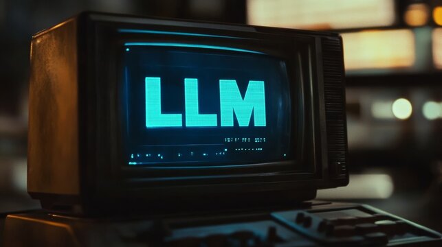 Blue glowing LLM text vintage computer monitor
