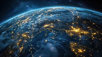 Fototapeta premium Illuminated Earth Globe Showcasing Global Connection Systems At Night