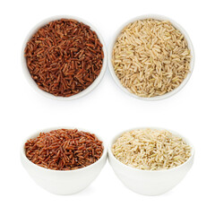 Different types of brown rice in bowls on white background, collage. Top and side view