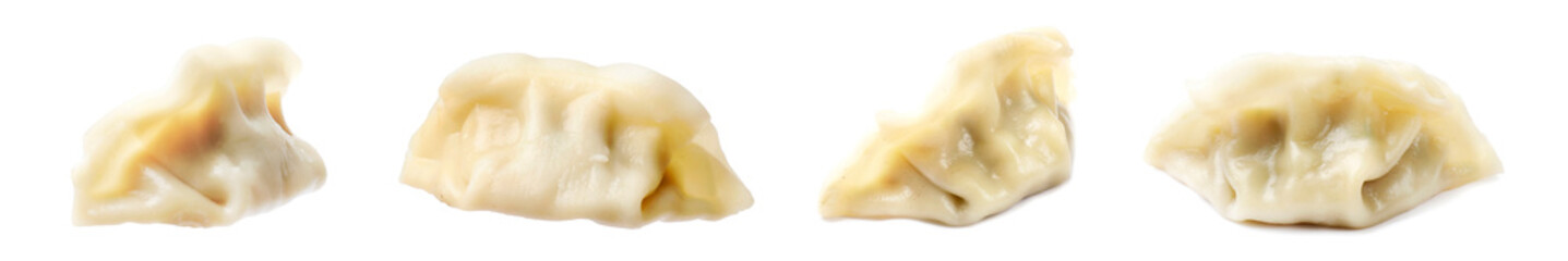 Tasty boiled gyoza (dumplings) on white background, set