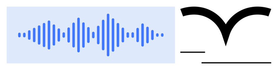 Blue sound wave pattern transitioning into a sleek black bird-thumbs up graphic with minimal text lines. Ideal for creativity, communication, connectivity, technology, expression, simplicity