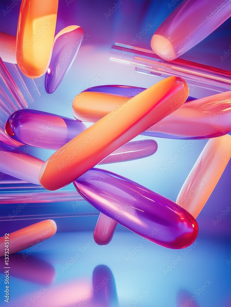 Poster Floating french fries illuminated by neon purple and blue lighting create a dynamic and futuristic atmosphere in high-speed capture