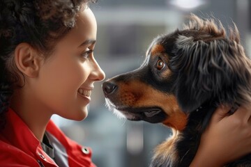 A veterinarian shares a warm moment with a pet, showcasing the bond between animals and their caregivers on World Veterinary Day, promoting animal health and welfare