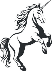 Obraz premium Black and white silhouette illustration of a unicorn, showcasing its mythical and majestic nature.