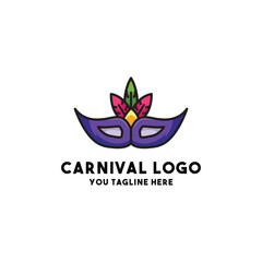 Colorful carnival mask logo.  A vibrant, stylized mask adorned with colorful feathers, perfect for a carnival or celebration.  Simple and eye-catching design