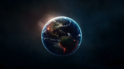 Fototapeta premium The image shows a detailed view of planet Earth from space, with the Americas prominently displayed. City lights illuminate the continents at night, while a soft glow suggests either sunrise or sunse