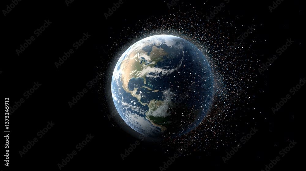 Wall mural the image shows planet earth from space, with a significant amount of space debris surrounding it.a 