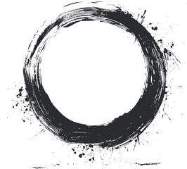 Abstract black ink circle with brushstroke texture and splatter elements on white background.