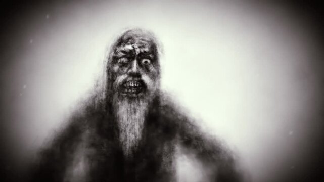 Gloomy characters in the fog. 2D animation in horror fantasy genre. Dark place with fog and strange people. Cinematic background effect.