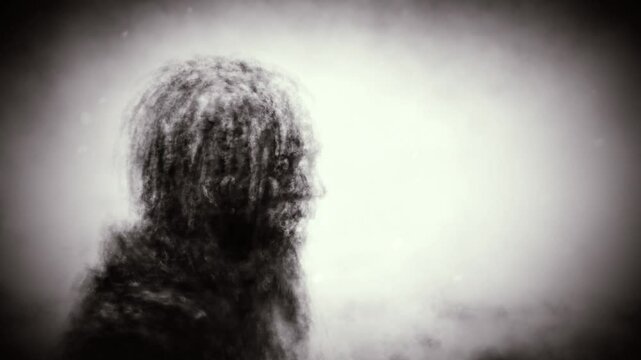 Gloomy characters in the fog. 2D animation in horror fantasy genre. Big fluffy dog. Dark place with fog and strange people. Cinematic background effect.