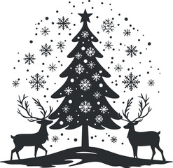 Naklejka premium Silhouette of a Christmas tree with snowflakes and reindeer, perfect for festive holiday designs.