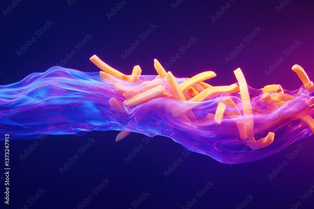 Aufkleber floating french fries illuminated by neon lights in dynamic high-speed action