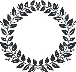 Black and white decorative leaf wreath illustration, ideal for design and ornamental purposes.