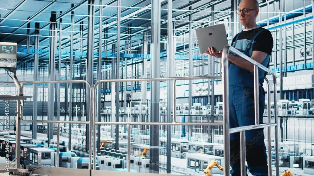 Poster industry 4.0 industrial plant expert automating robotic manufacturing machinery using device. elderl
