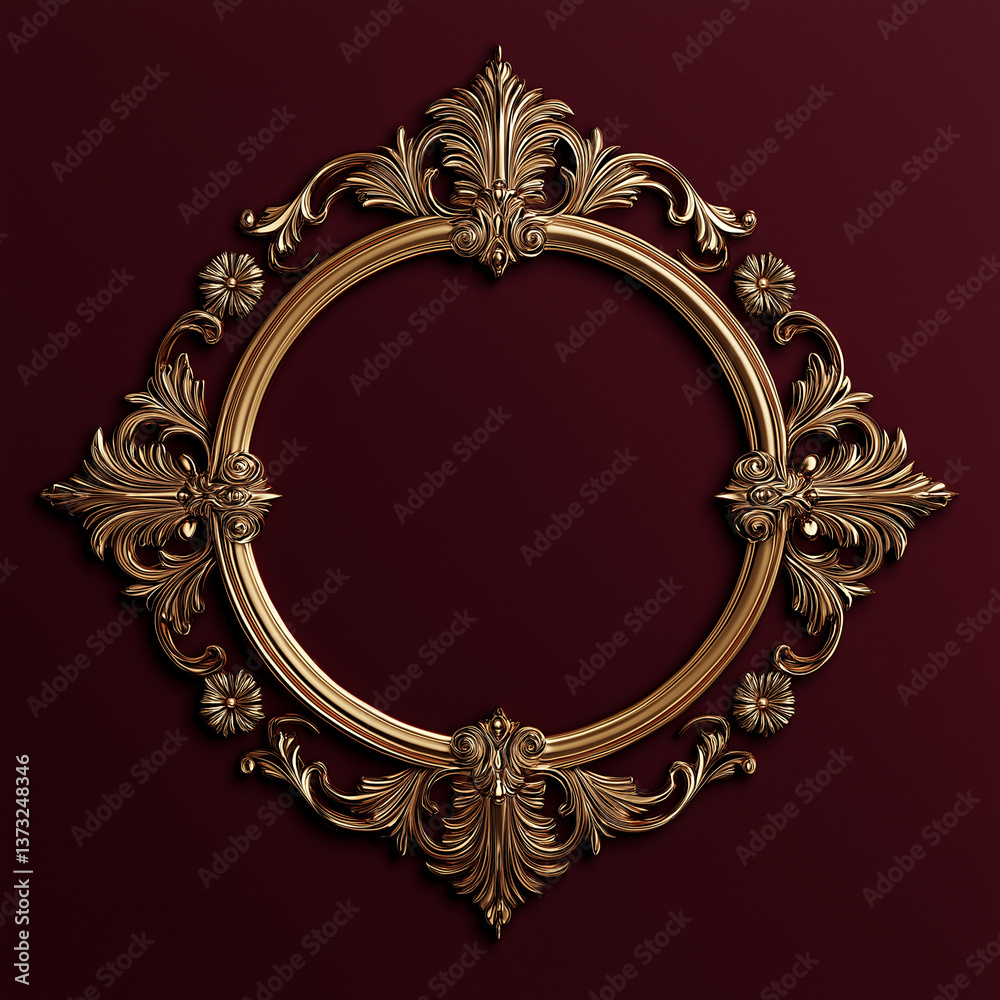 Poster golden round baroque frame decorated with ornaments on red background