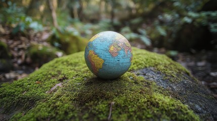 A small terrestrial globe sits atop a mossy stone outdoors