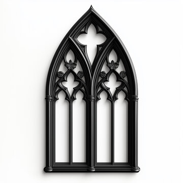 Black gothic window frame with ornate details isolated on white background