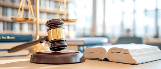 Gavel with Law Books, and Justice Scale.