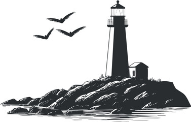 Silhouette of a lighthouse on a rocky island with birds in flight over the sea.