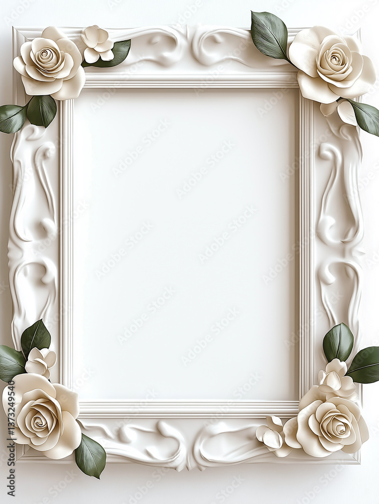 Poster white ornate frame decorated with elegant roses displaying a blank space