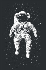 Black and white illustration of an astronaut floating in space surrounded by stars.