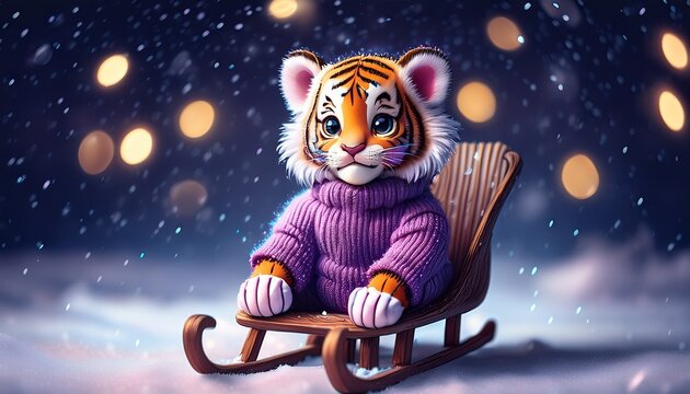 Niedlicher Tiger f&auml;hrt Schitten