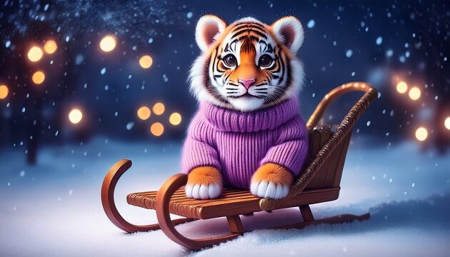 Niedlicher Tiger f&auml;hrt Schitten
