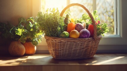 Cozy kitchen with farmfresh vegetables and herbs under soft light