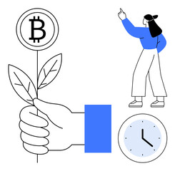 Hand holds plant with Bitcoin, clock symbolizes time, and person points upward. Ideal for finance, investment, technology, progress, growth innovation sustainability. Flat simple metaphor