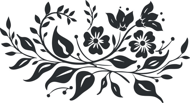 Elegant black floral silhouette illustration featuring intricate leaf and flower patterns.