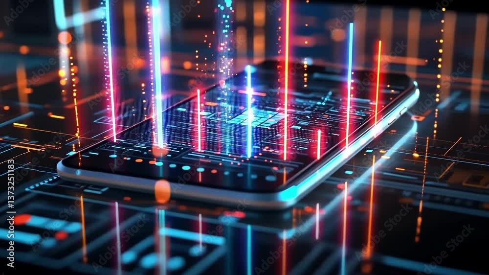 Poster futuristic smartphone is receiving data stream, visualizing cyber security, big data analysis, and c