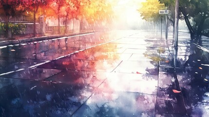 Naklejka premium Ethereal Rainy Street Scene