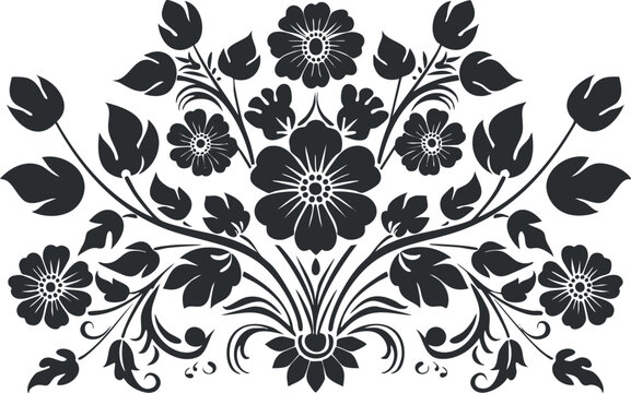 Elegant black and white floral vector design with symmetrical ornamental flowers and leaves.