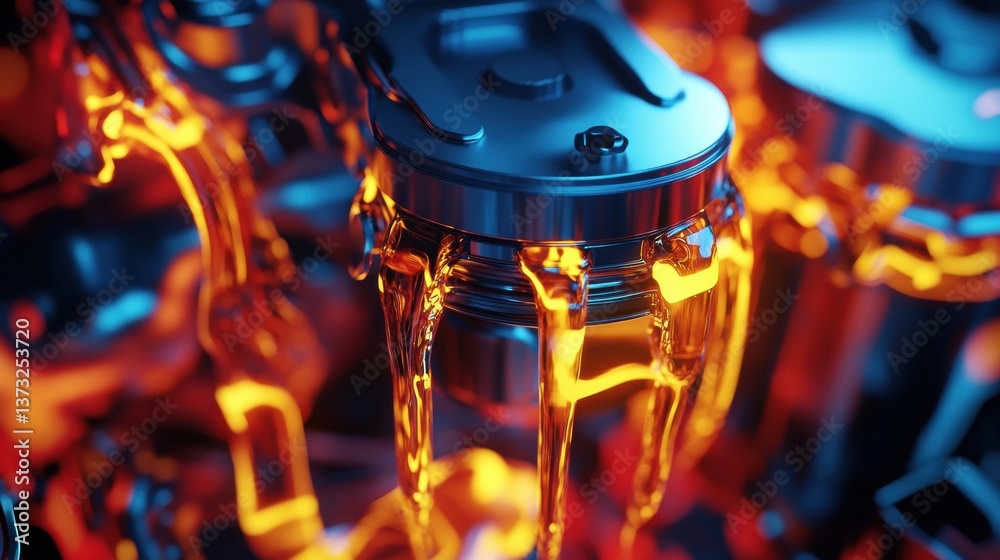 Poster Close-up view of a high-tech engine piston with flowing gasoline highlighted by neon colors for a dynamic automotive design