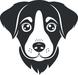 Black and white vector illustration of a dog's face with a cute expression.