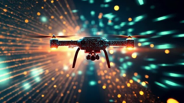 A dynamic shot captures a drone engaging in surveillance surrounded by layered holographic digital shields that shimmer in various hues. Surrounding it are multiple streams of encrypted
