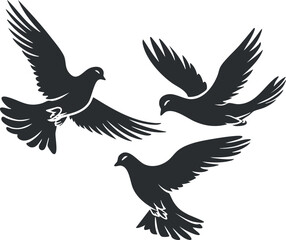 Obraz premium Black and white silhouette of three flying doves symbolizing peace and freedom.